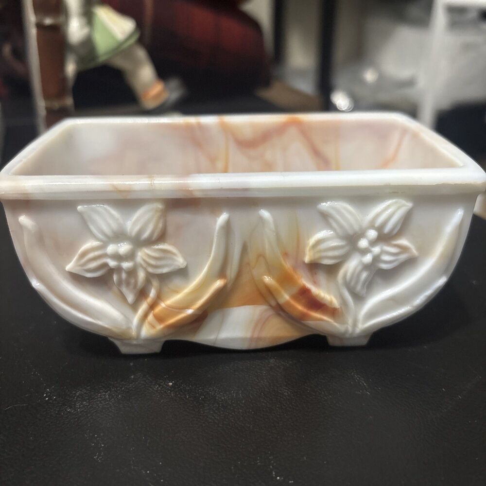 Vintage Akro Agate Daffodil Orange White Slag Glass Small Planter Trinket Dish